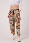 Bej Baskılı Sokak Tarzı Spor Şalvar Bürümcük Pantolon