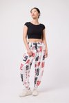 Beyaz Baskılı Spor Baggy Bürümcük Pantolon