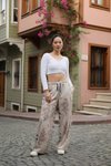 Ekru Baskılı Spor Baggy Bürümcük Pantolon