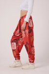 Kırmızı Baskılı Sokak Tarzı Spor Şalvar Bürümcük Pantolon
