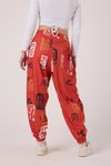 Kırmızı Baskılı Sokak Tarzı Spor Şalvar Bürümcük Pantolon