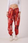 Kırmızı Baskılı Sokak Tarzı Spor Şalvar Bürümcük Pantolon