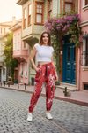 Kırmızı Baskılı Sokak Tarzı Spor Şalvar Bürümcük Pantolon