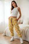 Sarı Palmiye Desenli Şalvar Pileli Pantolon
