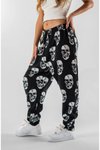 Siyah Kurukafa Desenli Baget Jakar Pantolon
