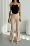 Bej Beli Lastikli İspanyol Paça Çimalı Pantolon