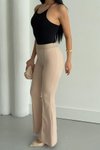 Bej Beli Lastikli İspanyol Paça Çimalı Pantolon