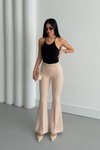 Bej Beli Lastikli İspanyol Paça Çimalı Pantolon