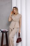 Bej Bol Paça Kruvaze Bağlamalı İkili Tesettür Takım