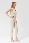 Bej Çizgili Yüksek Bel Bilek Boy Cep Detaylı Pantolon
