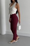 Bordo Yüksek Bel Dar Paça Bilek Boy Cep Detaylı Kumaş Pantolon