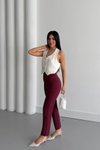 Bordo Yüksek Bel Dar Paça Bilek Boy Cep Detaylı Kumaş Pantolon