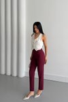 Bordo Yüksek Bel Dar Paça Bilek Boy Cep Detaylı Kumaş Pantolon