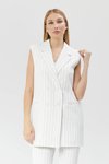 Ekru Çizgili Uzun Klasik Yelek