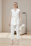 Ekru İkili Tokalı Kuşaklı Yelek Pantolon Takım