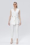 Ekru İkili Tokalı Kuşaklı Yelek Pantolon Takım