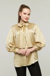Gold Balon Kol Fiyonk ve Taş Detaylı Saten Gömlek