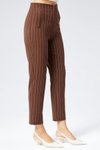 Kahverenk Çizgili Kumaş Yüksek Bel Bilek Boy Cep Detaylı Pantolon