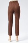 Kahverenk Çizgili Kumaş Yüksek Bel Bilek Boy Cep Detaylı Pantolon