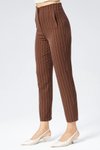 Kahverenk Çizgili Kumaş Yüksek Bel Bilek Boy Cep Detaylı Pantolon