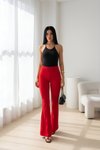 Kırmızı İspanyol Paça Beli Lastikli Çimalı Pantolon