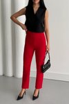 Kırmızı Yüksek Bel Dar Paça Bilek Boy Cep Detaylı Kumaş Pantolon
