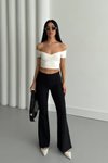 Siyah İspanyol Paça Beli Lastikli Çimalı Pantolon