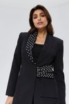 Siyah Taş İşlemeli Özel Tasarım Fırfır Kuşak Detaylı Ceket