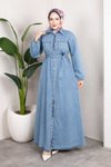 Açık Mavi Gömlek Yaka Kemerli Kot Elbise
