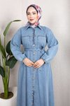 Açık Mavi Gömlek Yaka Kemerli Kot Elbise