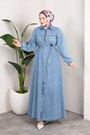 Açık Mavi Gömlek Yaka Kemerli Kot Elbise