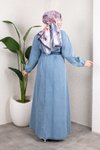 Açık Mavi Gömlek Yaka Kemerli Kot Elbise
