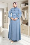 Açık Mavi Kemerli Düğmeli Kot Elbise