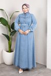 Açık Mavi Kemerli Düğmeli Kot Elbise