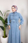 Açık Mavi Kemerli Düğmeli Kot Elbise