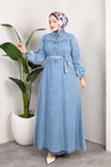 Açık Mavi Kemerli Düğmeli Kot Elbise