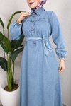 Açık Mavi Kemerli Düğmeli Kot Elbise
