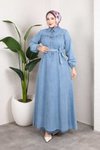 Açık Mavi Kemerli Düğmeli Kot Elbise