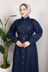 Koyu Mavi Gömlek Yaka Kemerli Denim Elbise Takım