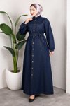 Koyu Mavi Gömlek Yaka Kemerli Denim Elbise Takım