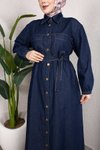 Koyu Mavi Gömlek Yaka Kemerli Denim Elbise Takım