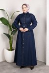 Koyu Mavi Gömlek Yaka Kemerli Denim Elbise Takım