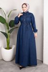 Koyu Mavi Kemerli Düğmeli Kot Elbise Takım