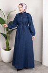 Koyu Mavi Kemerli Düğmeli Kot Elbise Takım