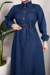 Koyu Mavi Kemerli Düğmeli Kot Elbise Takım
