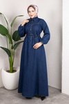 Koyu Mavi Kemerli Düğmeli Kot Elbise Takım