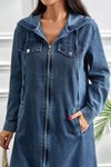 Koyu Mavi Uzun Kesim Cepli Kapüşonlu Modern Stil Kot Elbise