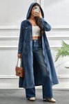 Koyu Mavi Uzun Kesim Cepli Kapüşonlu Modern Stil Kot Elbise