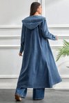 Koyu Mavi Uzun Kesim Cepli Kapüşonlu Modern Stil Kot Elbise