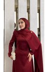 Bordo Pelerinli Saten Abiye Elbise